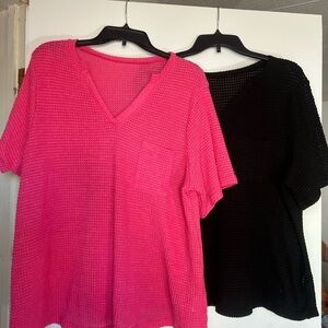 SHEIN Pink and Black Waffle Knit Blouses